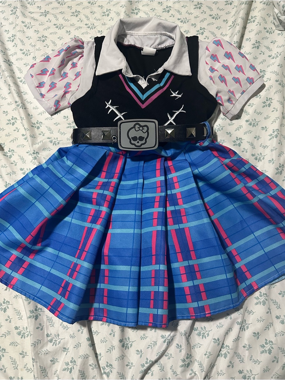 Monster high Blue Plaid Dress with Black Vest and Pink Accents for little girls
